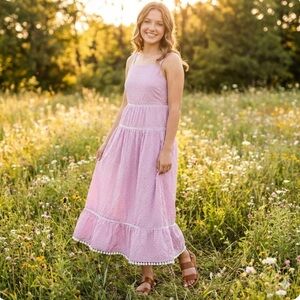 Maggy London Swiss Dot Purple Midi Dress Women’s 14 – 100% Cotton, Sleeveless.